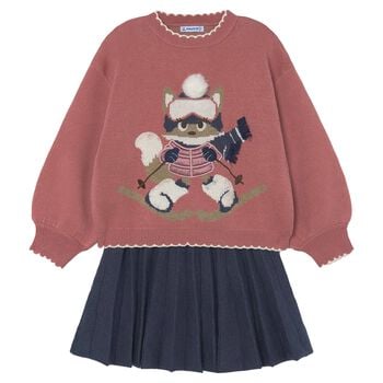Girls Pink & Navy Blue Fox Skirt Set