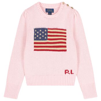 Ralph Lauren سترة محبوكة بشعار باللون الوردي للبنات, 1 سترة محبوكة بشعار باللون الوردي للبنات