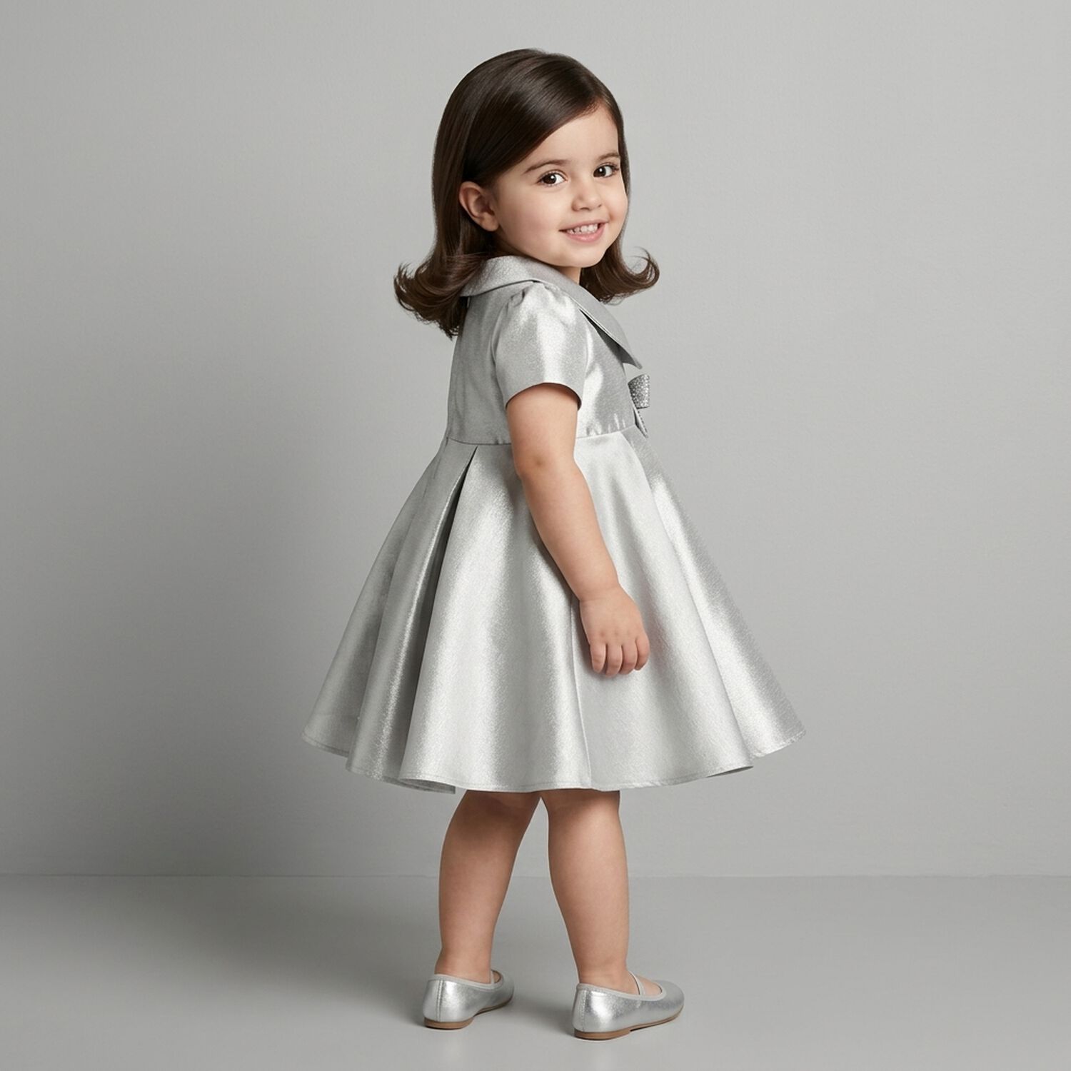 Baby Girls Silver Bow Satin Dress, 1, hi-res