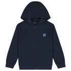 Boys Navy Blue Hooded Zip Up Top, 1, hi-res
