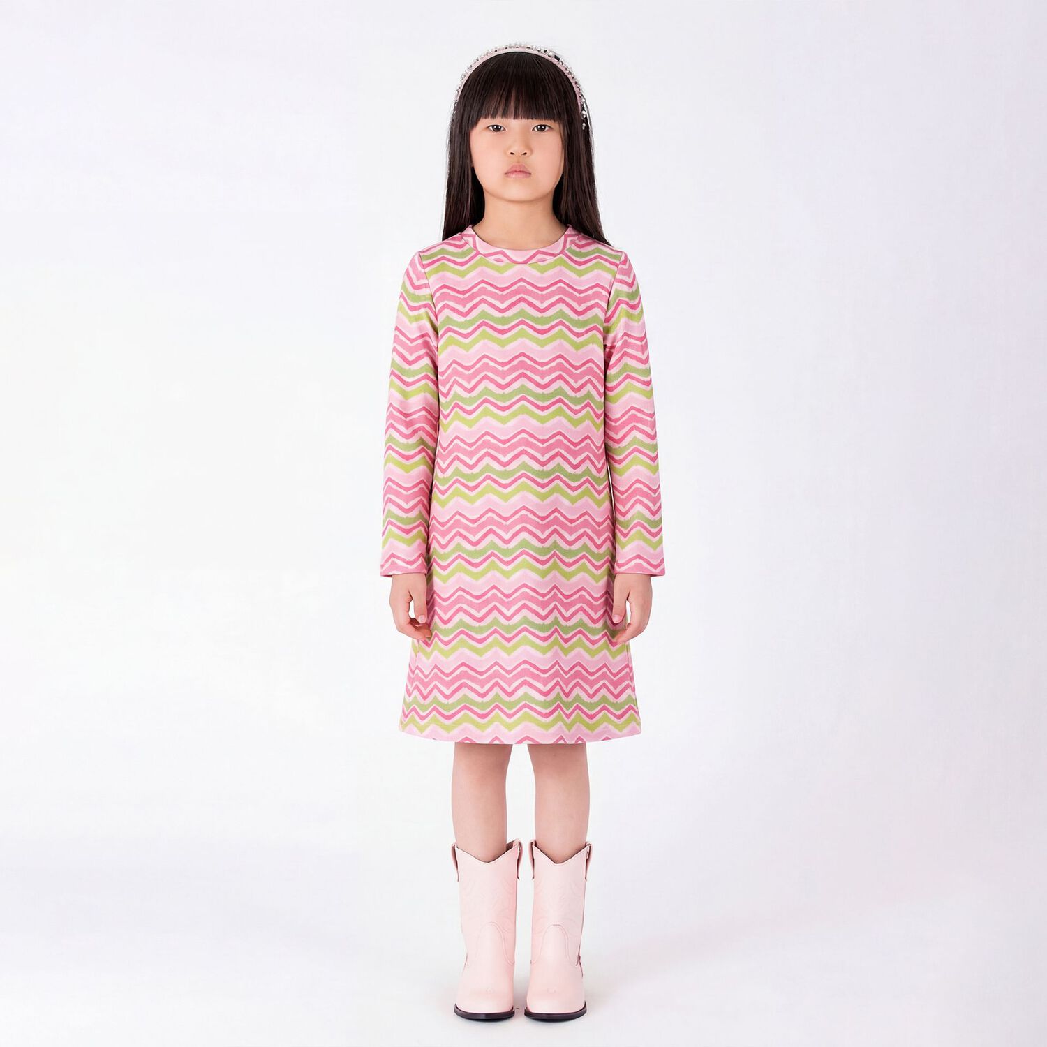 Girls Pink & Green Zigzag Dress, 1, hi-res