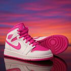 Girls White, Grey & Pink Air Jordan 1 Mid Trainers, 1, hi-res