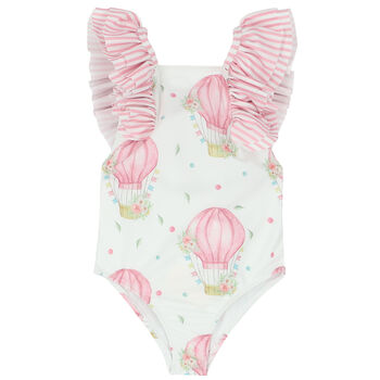 Girls White & Pink Balloons Swimsuit