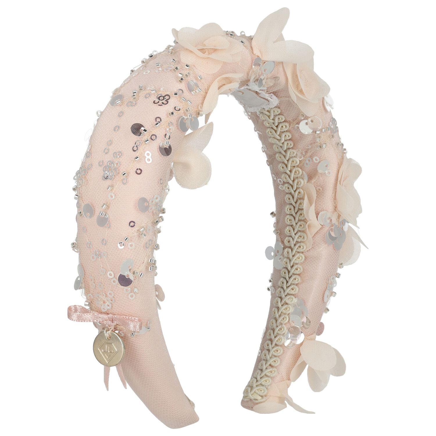 رايطة رأس للبنات من الترتر مزينه بالزهور  باللون الوردي, 1, hi-res