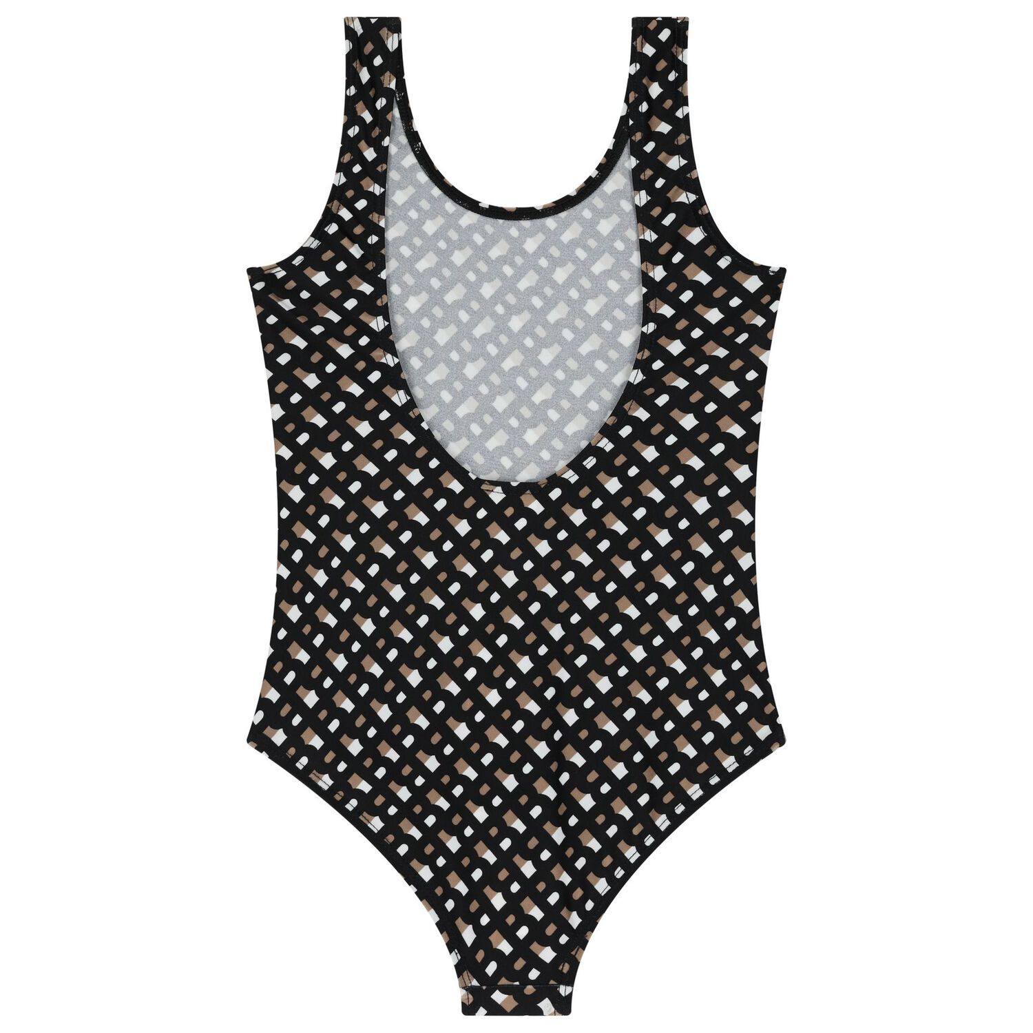 Girls Black, Beige & White Logo Swimsuit, 1, hi-res