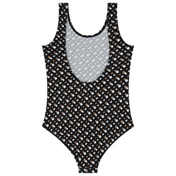 Girls Black, Beige & White Logo Swimsuit