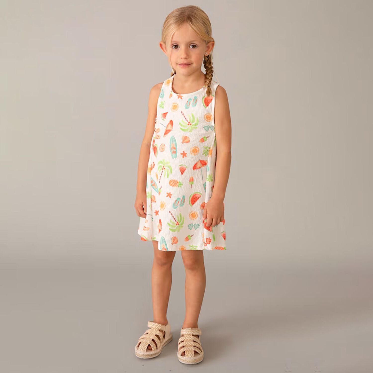 فستان للبنات مزين بطبعه فواكه باللون الابيض , 1, hi-res