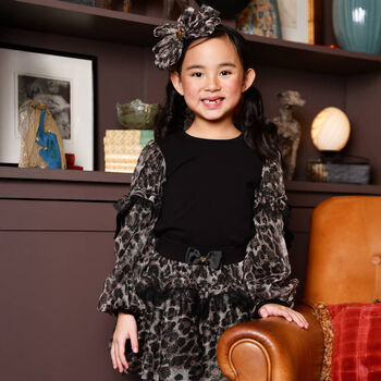 Girls Black & Gold Leopard Tulle Skirt