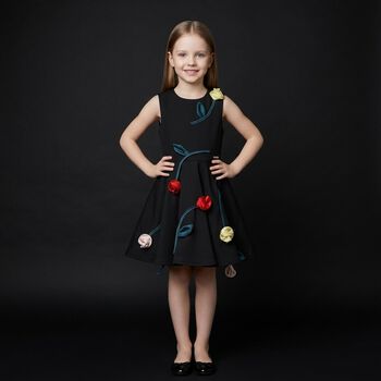 Girls Black Rose Satin Dress