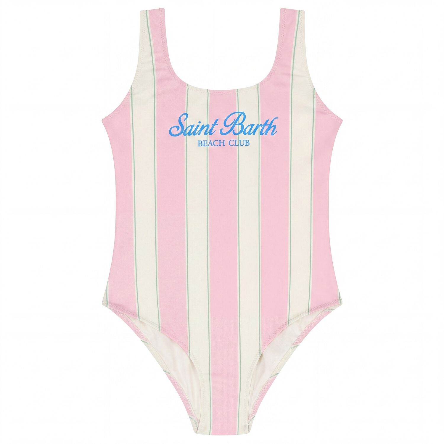 Girls Pink & Ivory Striped Logo Swimsuit, 1, hi-res