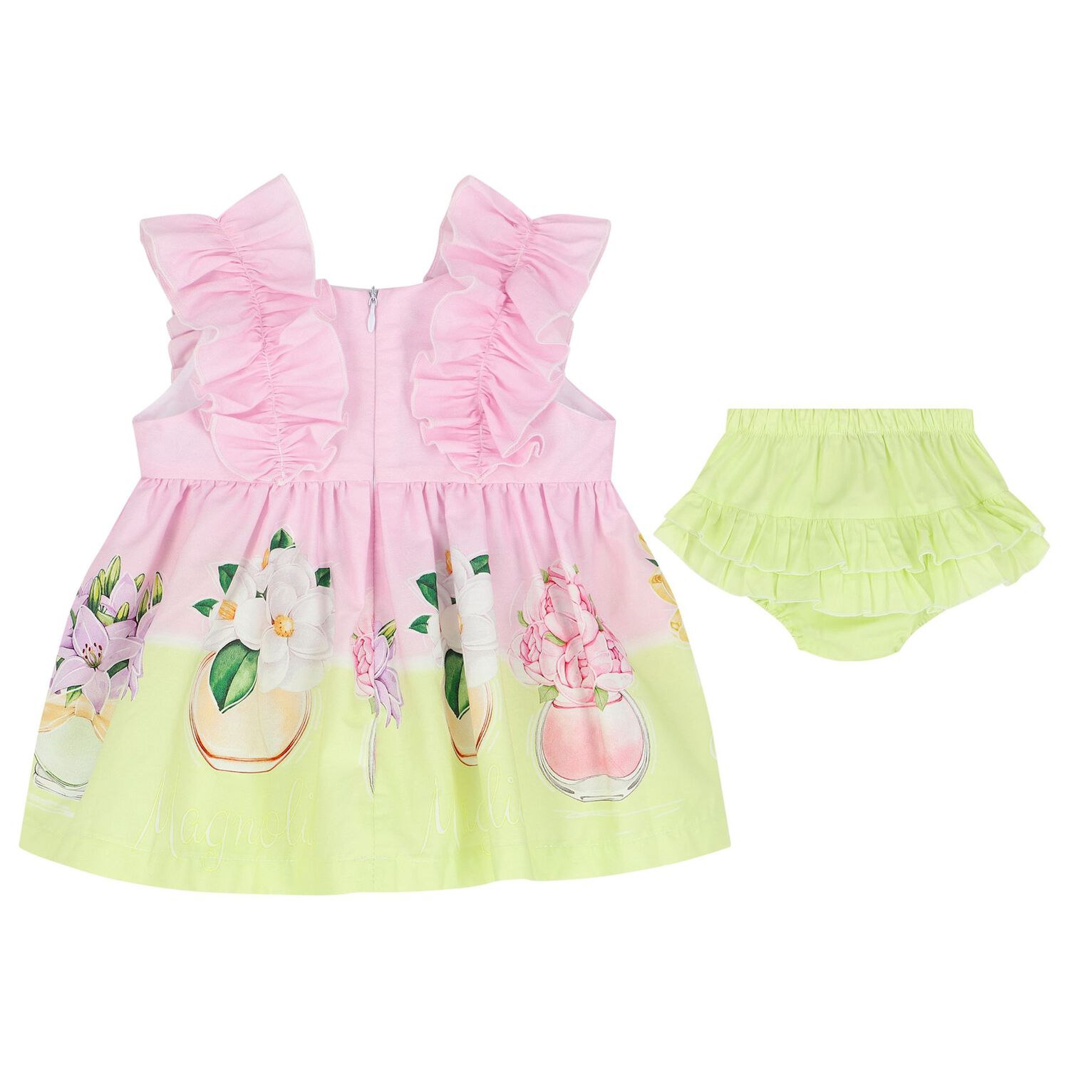 Baby Gilrs Pink & Green Ruffled Floral Dress Set, 1, hi-res