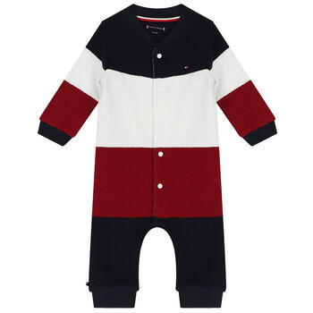 Baby Boys Navy Blue, White & Red Striped Romper