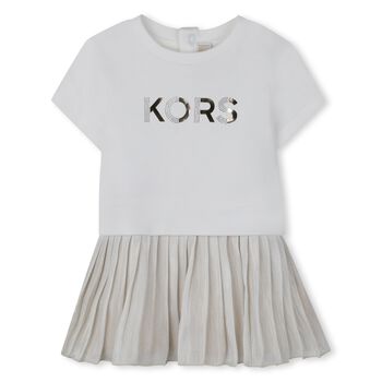 Younger Girls White & Ivory Logo Dress
