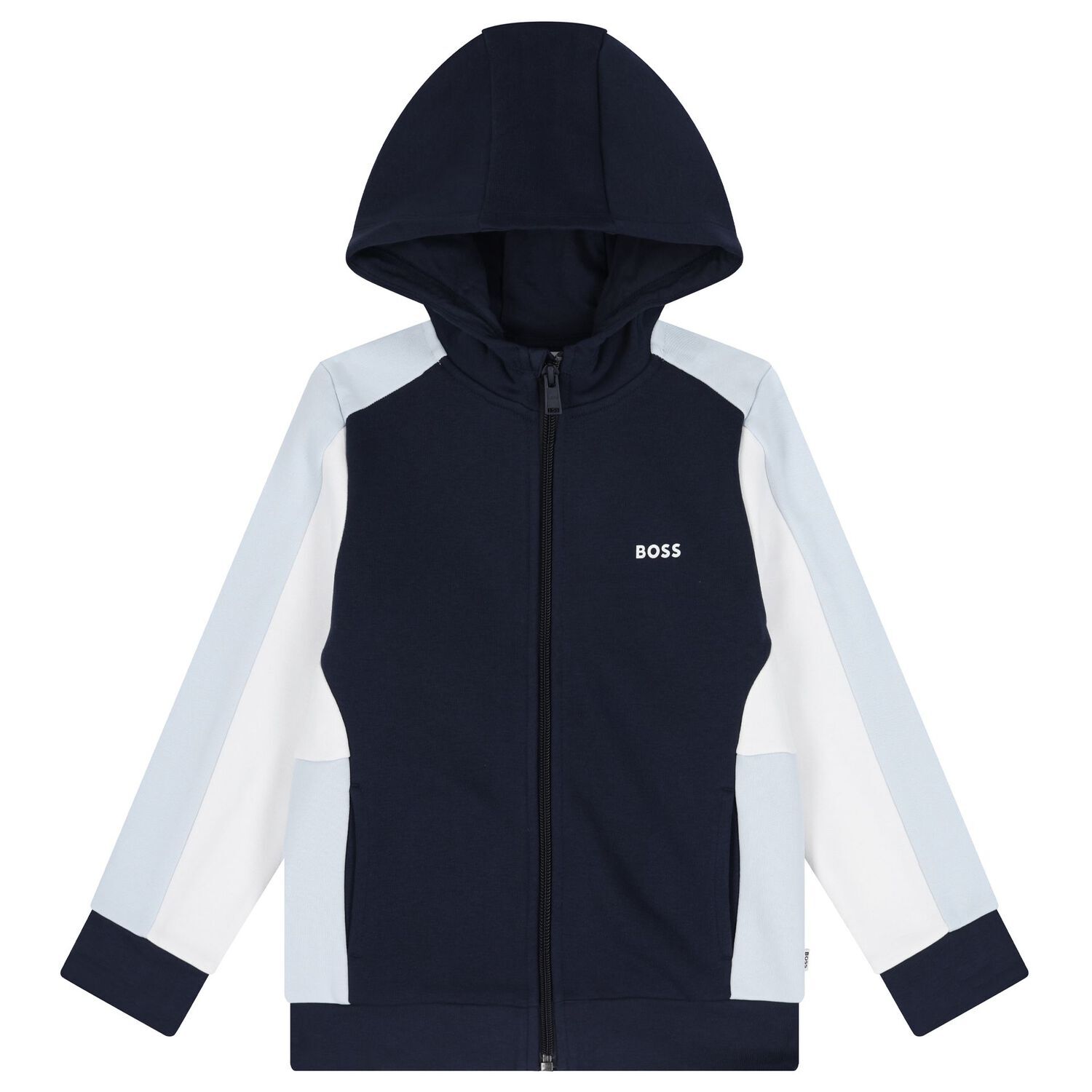 Boys Navy Blue, Blue & White Logo Hooder me d Zip Up Top, 4, hi-res