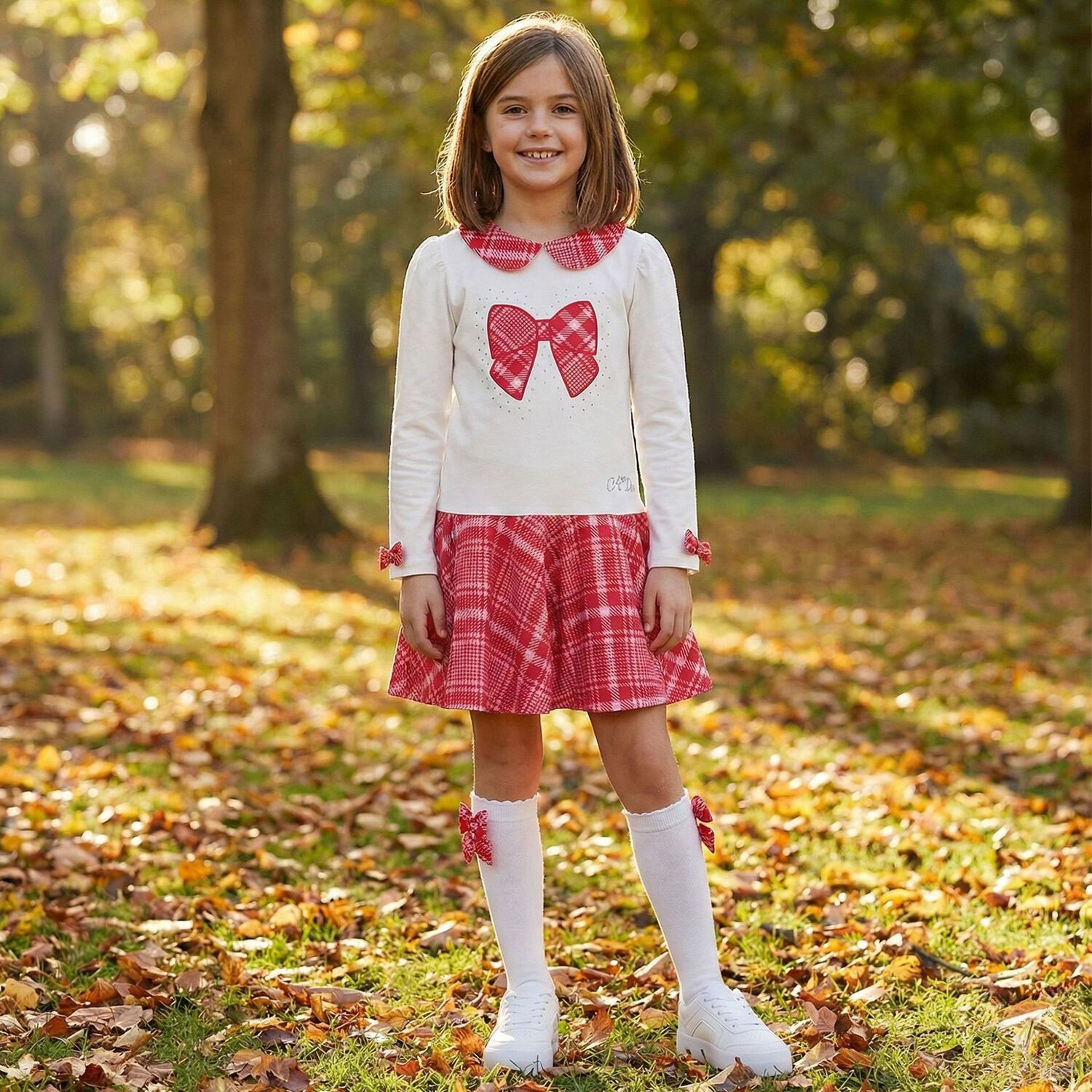 Girls Ivory & Red Bow Dress, 1, hi-res