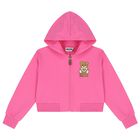 Girls Pink Teddy Bear Logo Hooded Zip Up Top, 1, hi-res