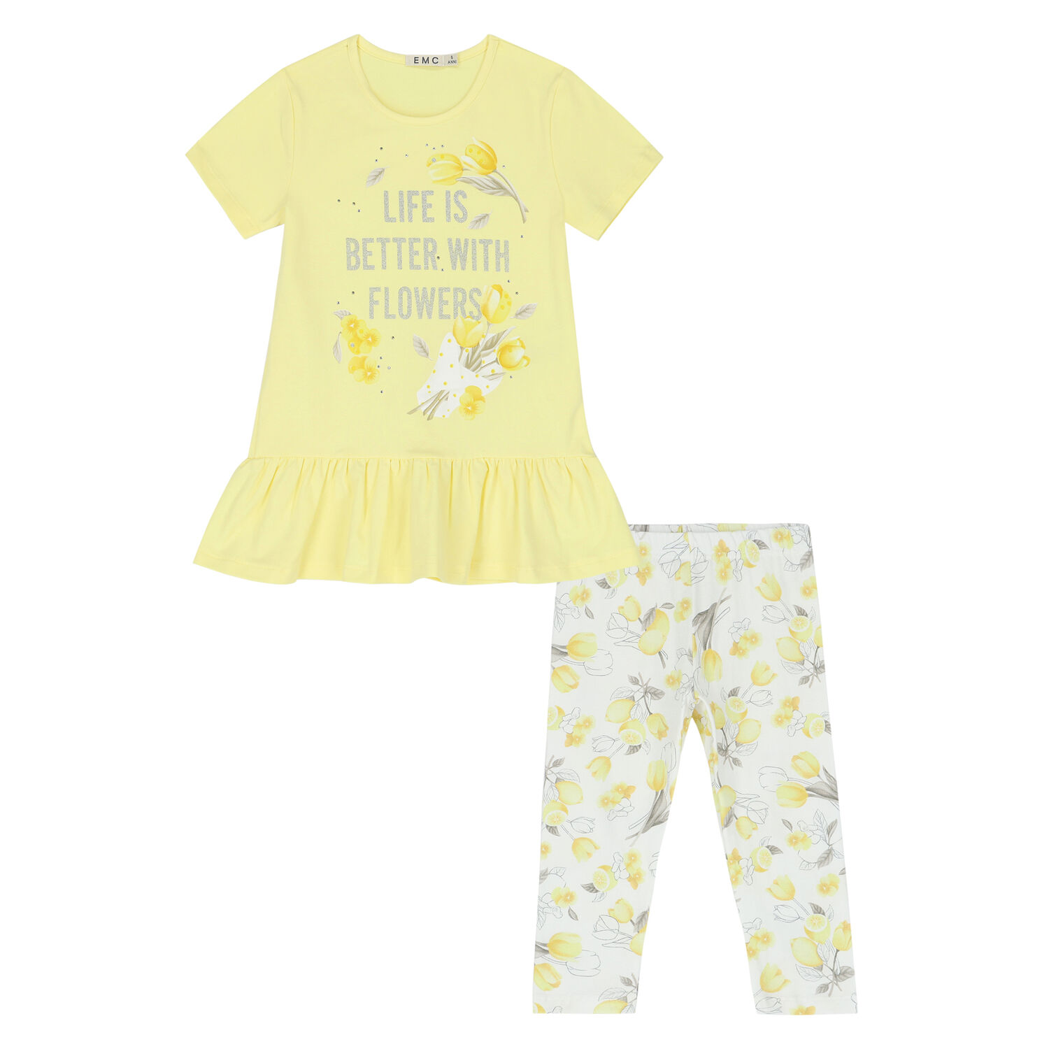 Girls White & Yellow Floral Leggings Set, 1, hi-res