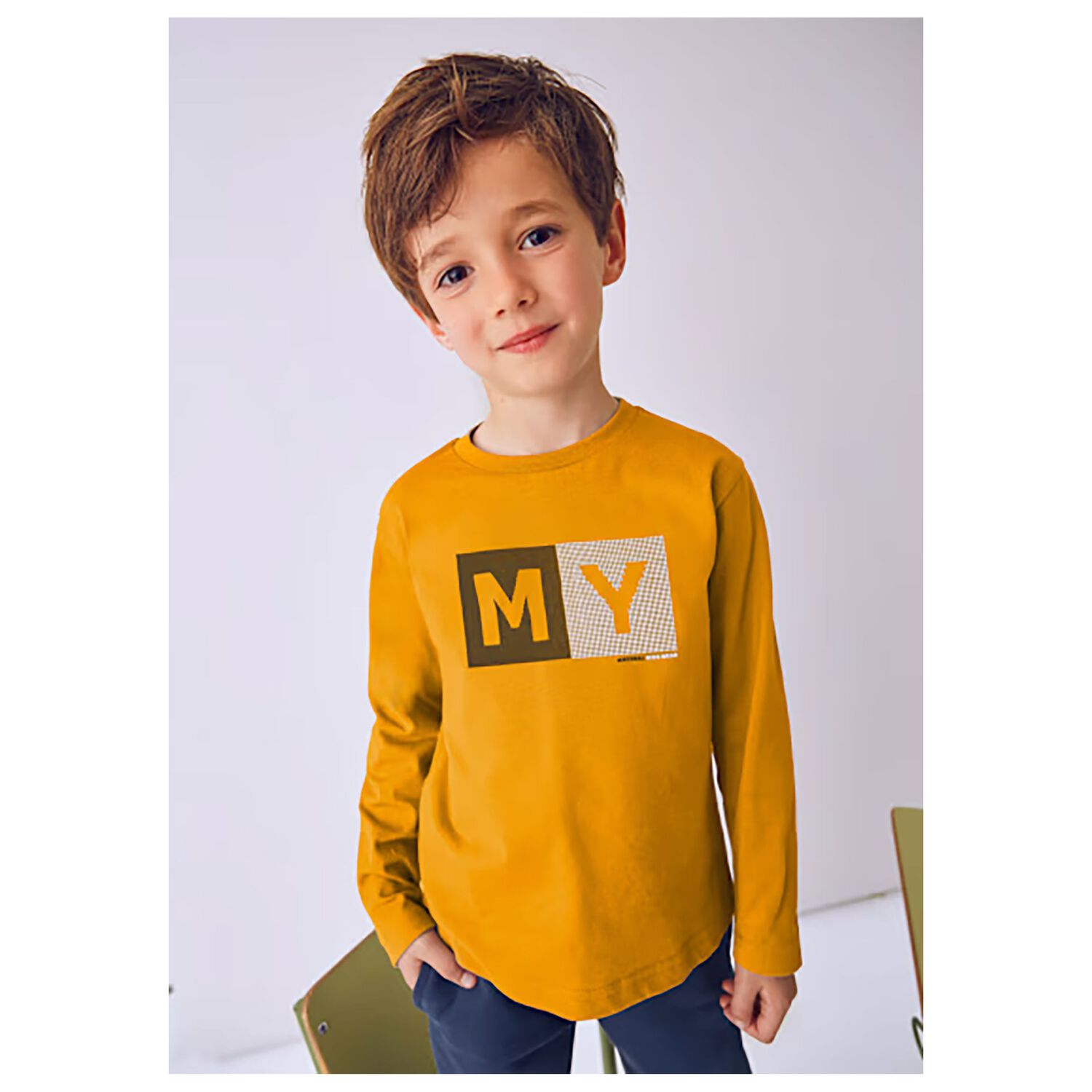 Boys Yellow Logo Long Sleeve Top, 2, hi-res