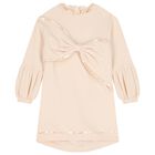 Girls Beige Bow Sweatshirt Dress, 1, hi-res