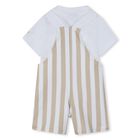 Baby Boys White & Beige Striped Logo Dungaree Set, 1, hi-res