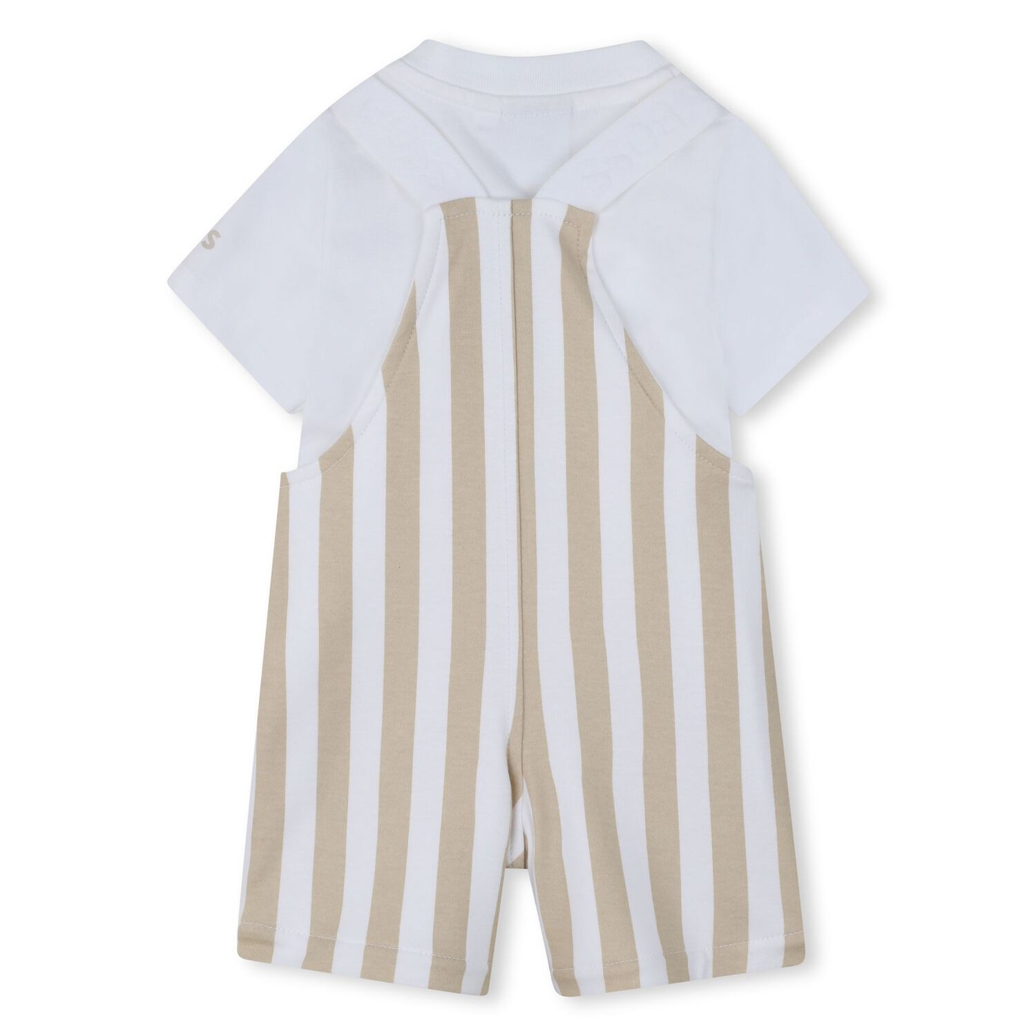 Baby Boys White & Beige Striped Logo Dungaree Set, 1, hi-res