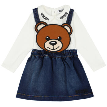 Younger Girls Ivory & Denim Teddy Bear Dress Set