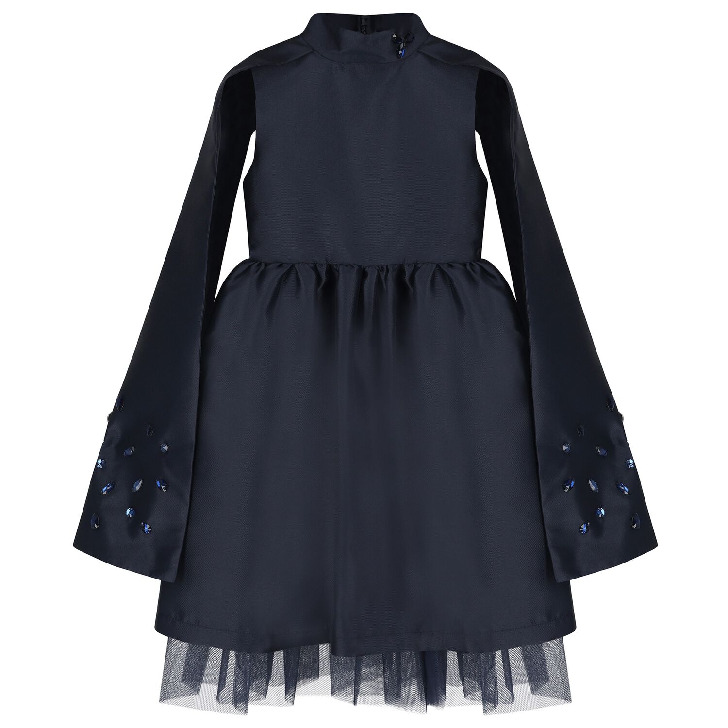 Girls Navy Blue Crystal Cape Sleeve Dress, 1, hi-res