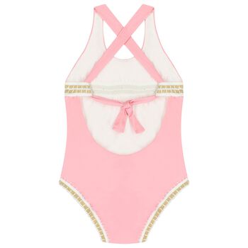 Girls Pink Embroidered Swimsuit
