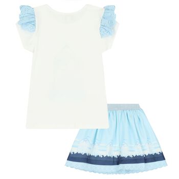 Girls Blue & White Broderie Anglaise Skirt Set