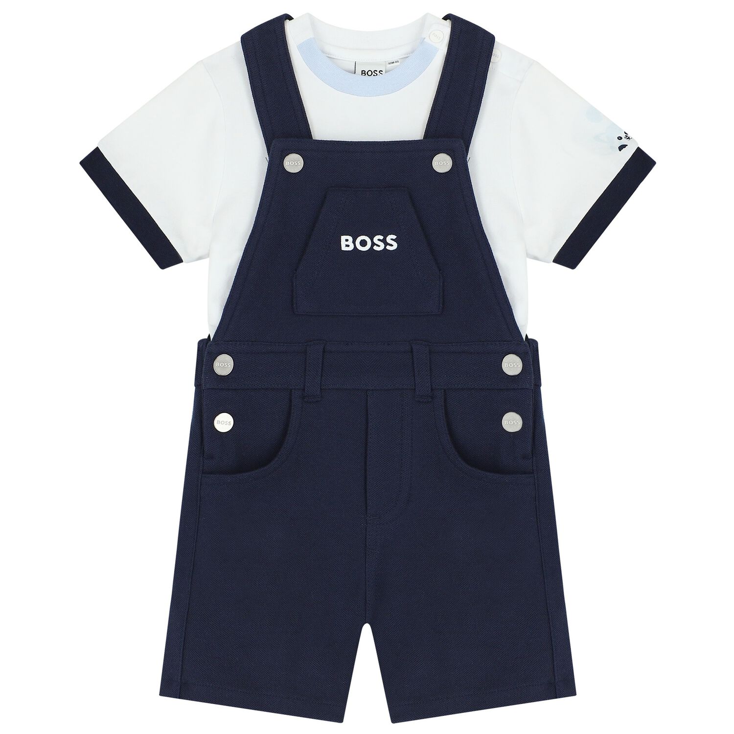 Baby Boys White & Navy Blue Logo Dungaree Set, 2, hi-res