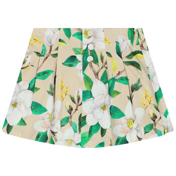 Girls Beige Floral Pleated Skort