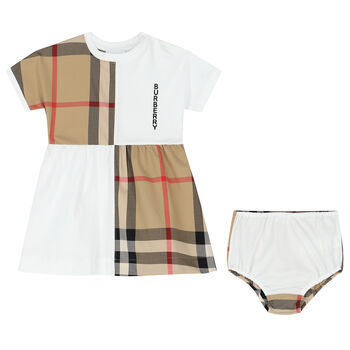 Baby Girls White & Beige Logo Dress Set