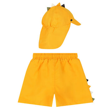 Younger Boys Orange Dinosaur Swim Shorts & Hat Set