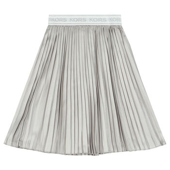 Girls Silver Pleated Logo Skirt