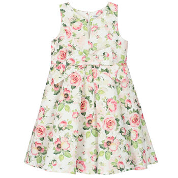 Girls Ivory & Pink Satin Rose Dress