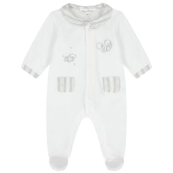 Baby Boys White & Grey Striped Collar Babygrow