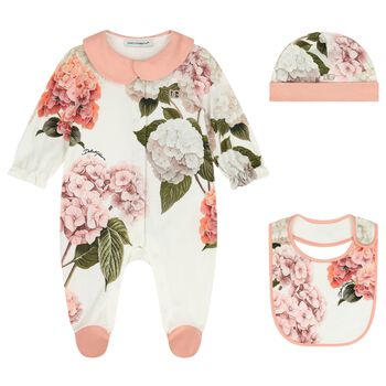 Baby Girls Ivory & Pink Floral Logo Babygrow Gift Set