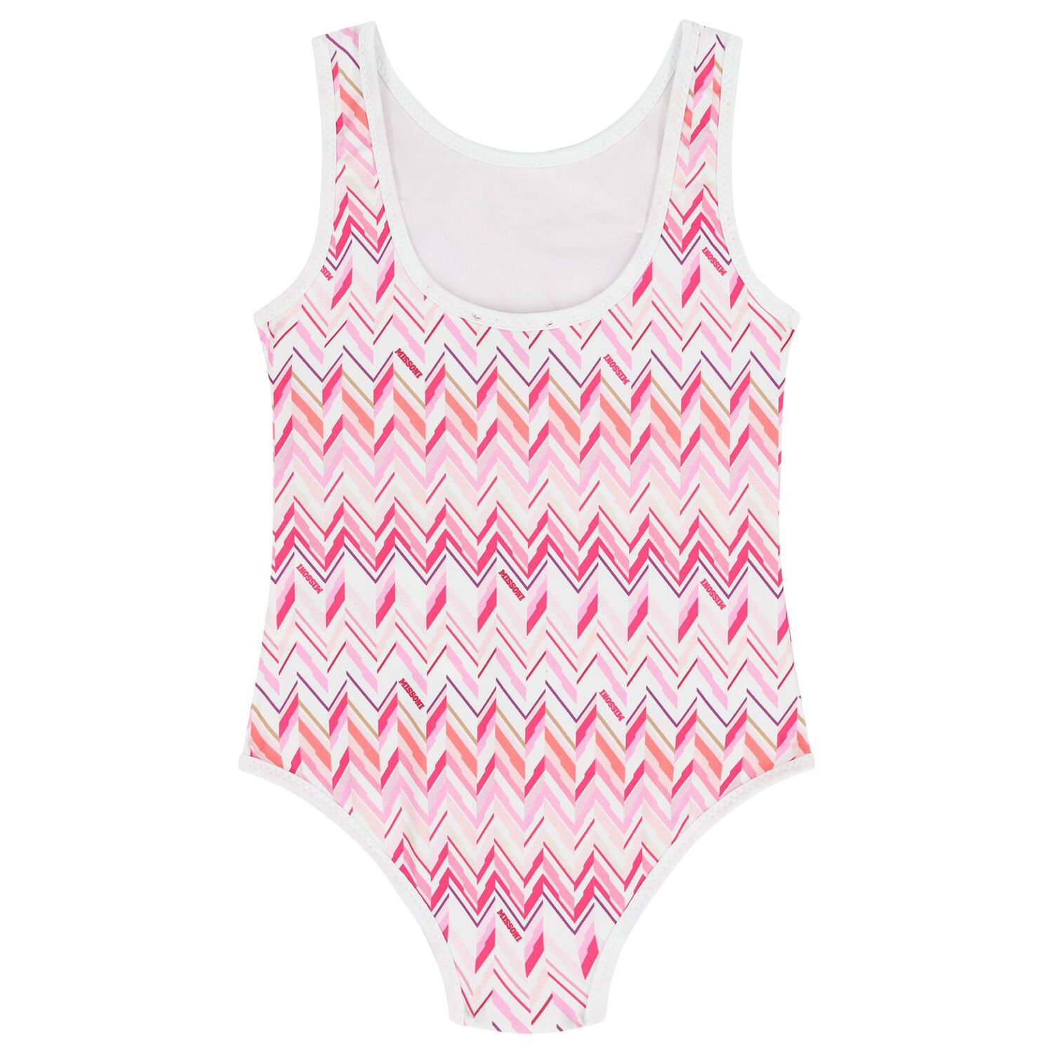 Younger Girls White & Pink Zig Zag Swimsuit, 1, hi-res