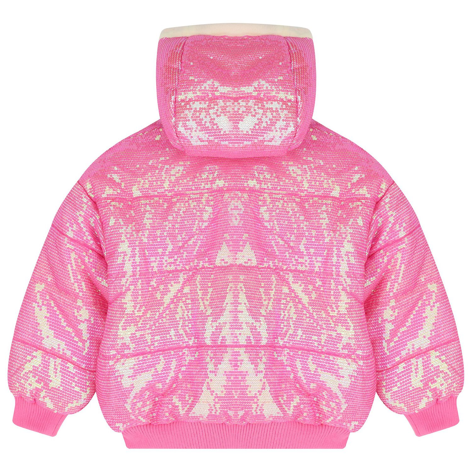 Girls Pink Hooded Sequin Puffer Jacket, 1, hi-res
