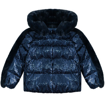 Girls Navy Sequin Hooded Jacket