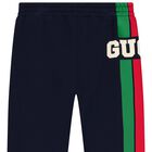 Boys Navy Blue Logo Web Striped Joggers, 1, hi-res