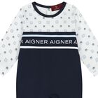 Baby Boys White & Navy Blue Logo Babygrow, 1, hi-res