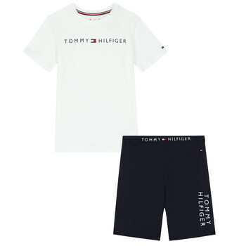 Boys White & Navy Logo Shorts Set