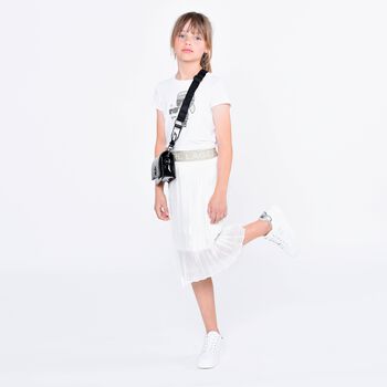 Girls White Pleated Logo Skirt
