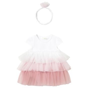 Baby Girls White & Pink Ombre Tulle Dress Set