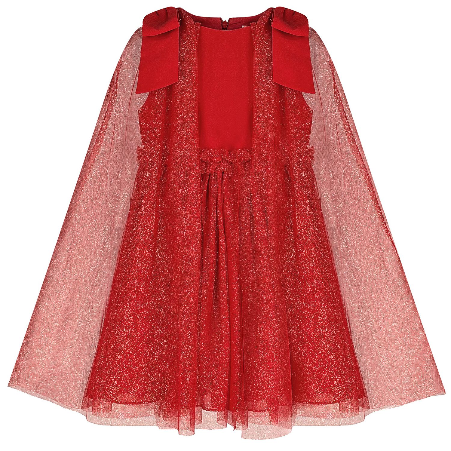 Girls Red Tulle & Chiffon Cape Dress, 3, hi-res