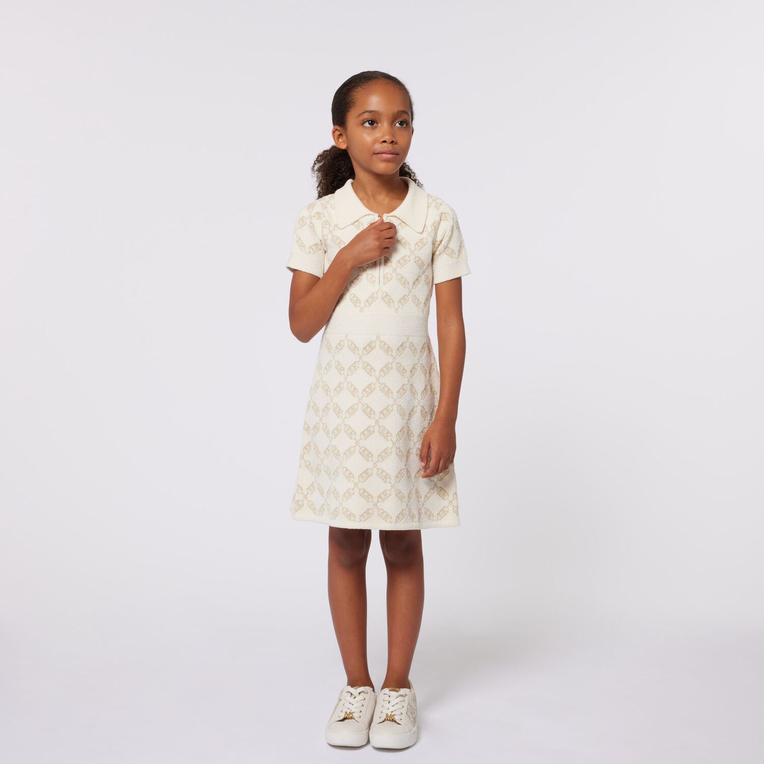 Girls Ivory & Gold Logo Knitted Polo Dress, 1, hi-res