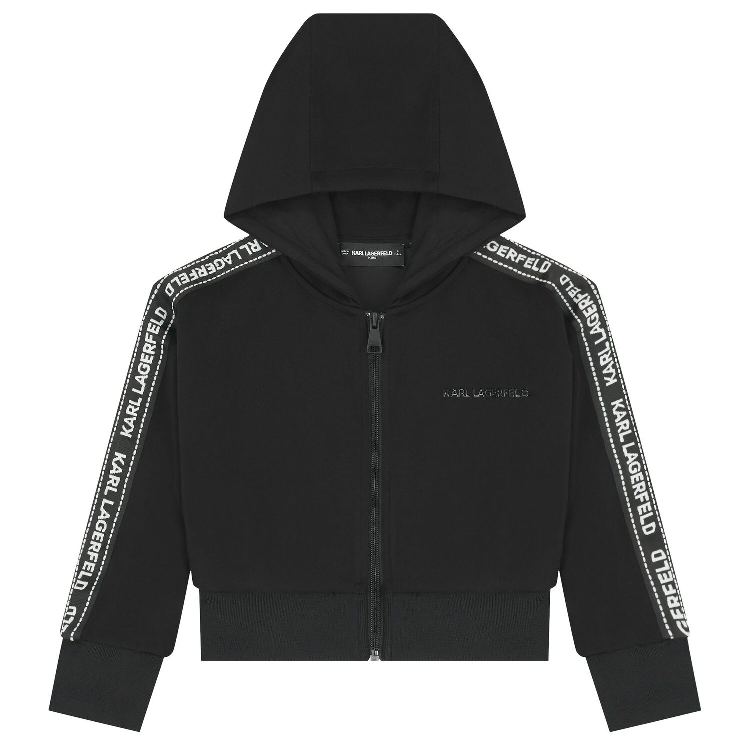 بلوزة سوداء بغطاء رأس وسحاب بشعار للبنات, 1, hi-res