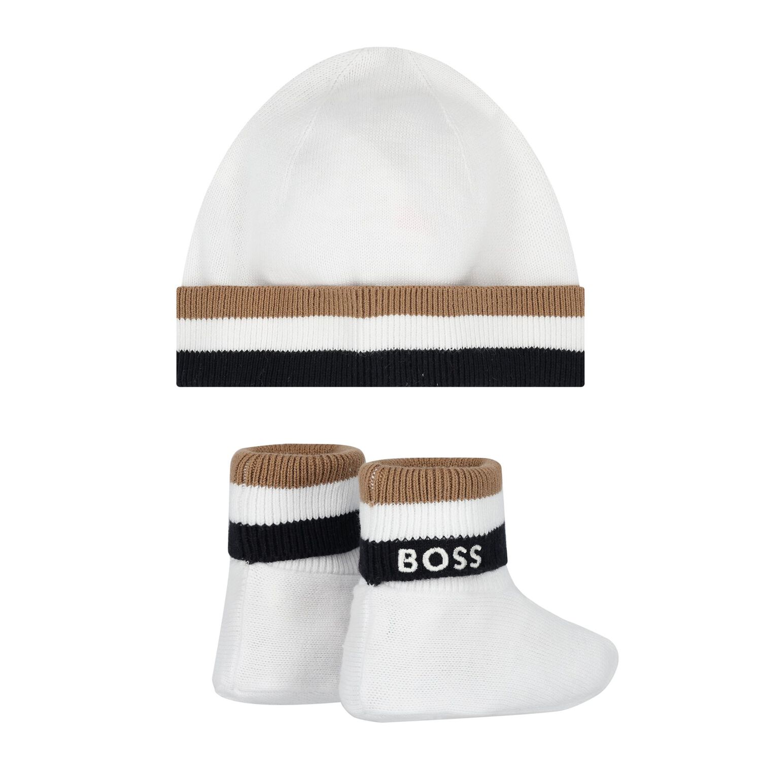 White Logo Hat & Booties Baby Gift Set, 1, hi-res