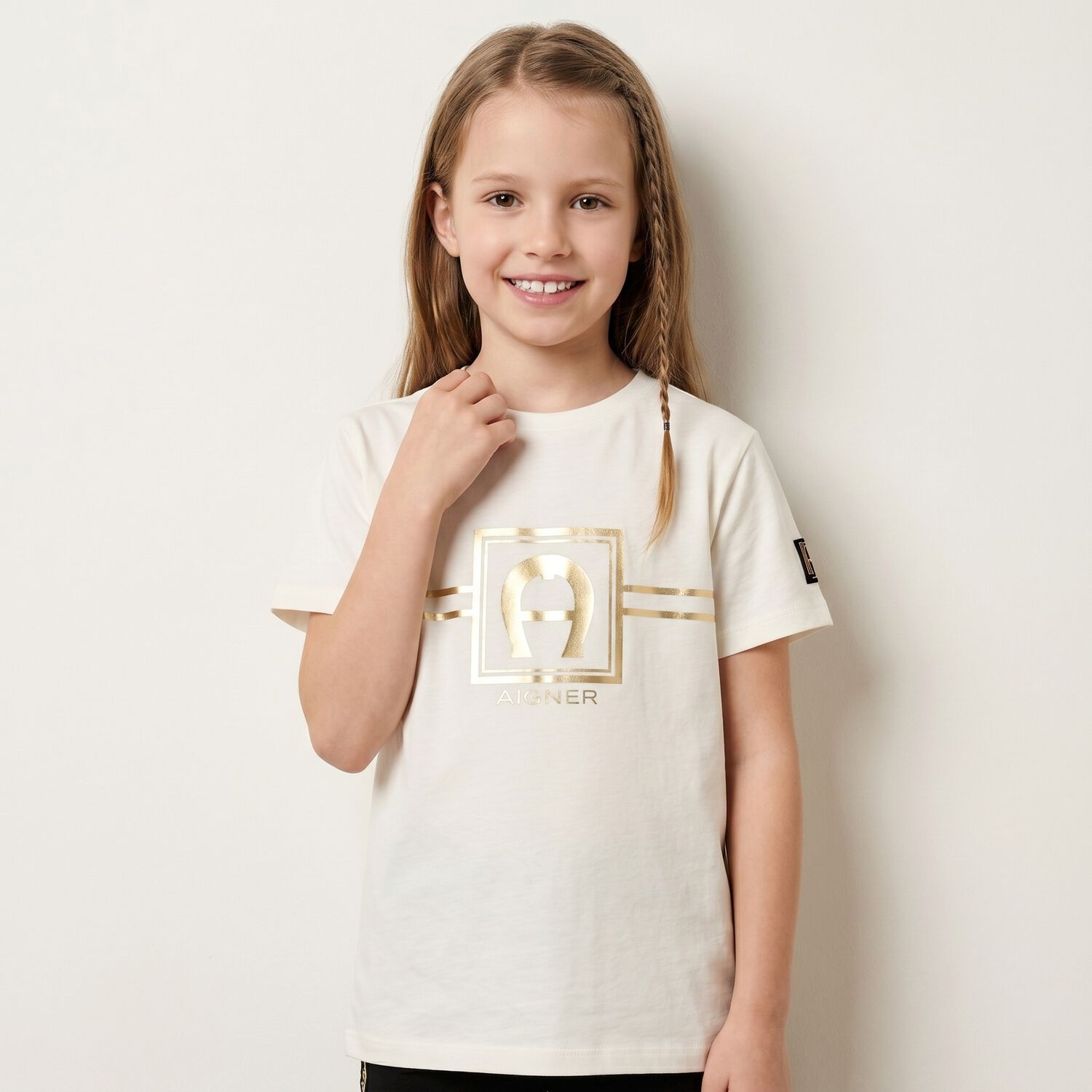 Boys Ivory & Gold Logo T-Shirt, 1, hi-res